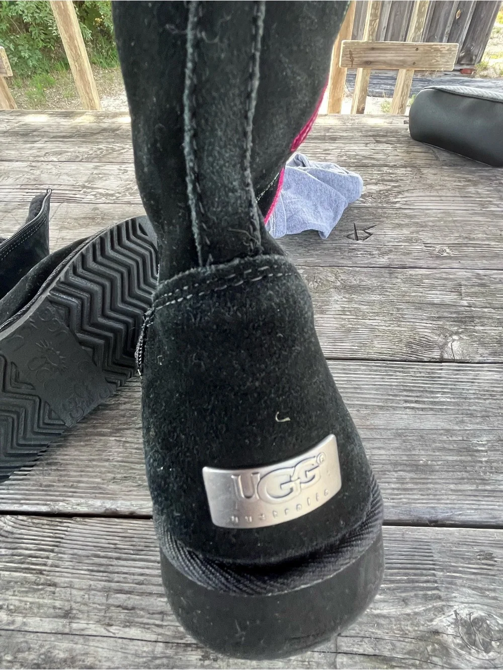 Uggs Black Suede Mid-Calf Boots with Pink Floral Embroidery Sz 6